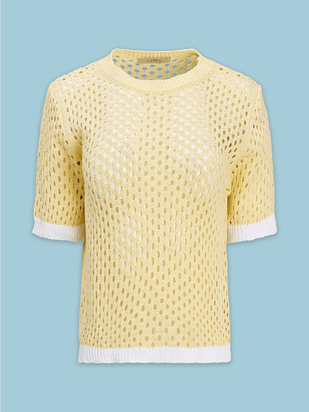 NWT Astrid Pale Yellow Open-Knit Short Sleeve Sweater with White Trim